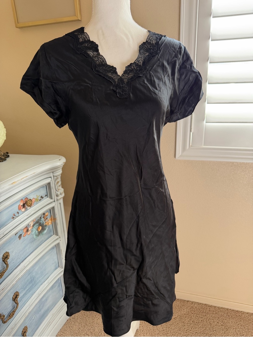 Black Satin Lace-Trim Nightdress 100% Silk